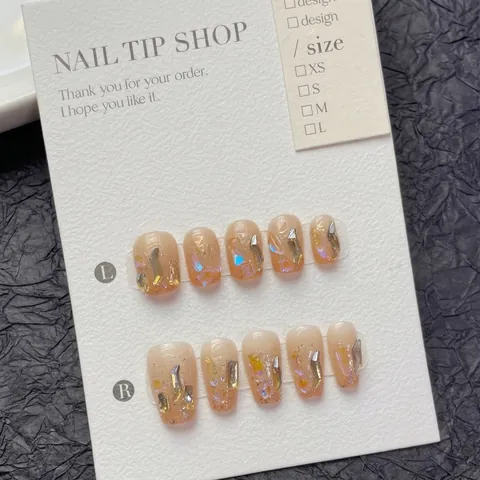 Ongles À Presser Faits À La Main Champagne Aurora Paillettes Feuille D'or Résine Faux Ongles Forme Cercueil Manucure Élégante