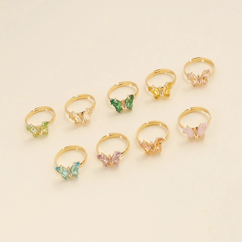 Anello Farfalla Rame Zircone Colorato Placcato Oro Regolabile Gioielli Di Moda Per Donna Stile Ins