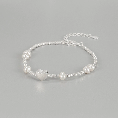 Bracciale a Cuore in Argento Sterling 925 e Perle d'Acqua Dolce da Donna Design di Nicchia Elegante Catena a Maglie con Perline d'Argento Minimalista