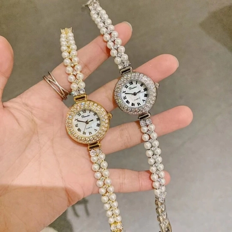 Women Fashion Pearl Bracelet Quartz Watch Alloy Rhinestone Inlaid Case Small Dial Elegant Hand Jewelry Watch For Lady