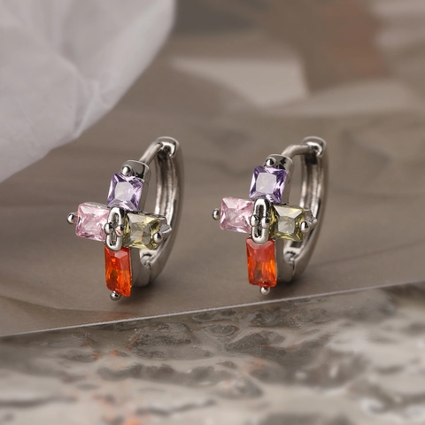 Kreuz Creolen Kupfer Vergoldet Bunte Zirkonia Exquisite Mini Huggie Schmuck Für Frauen