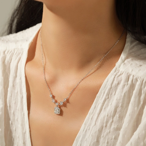 925 Sterling Silver Necklace With Moissanite Square Halo Geometric Pendant Clavicle Chain Elegant Jewelry For Women