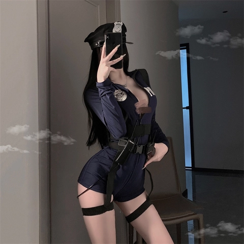 Women Sexy Police Role Play Costume Lingerie Bodysuit With Hat Belt And Walkie Talkie Prop Zipper Front Blue