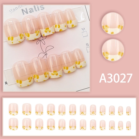 Press On Nails Quadratisch Nude Rosa Perlmutt Glänzend Gelb Leopardenmuster French Tip Künstliche Fingernägel Für Damen