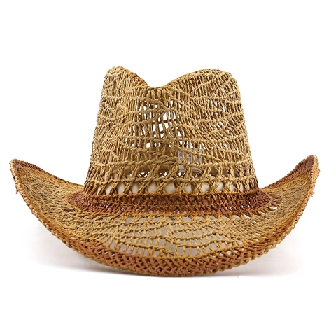 Καπέλο Cowboy Ψάθινο Διάτρητο Αναπνέον Χαρτί Προστασία Από Τον Ήλιο Western Στυλ Ντεγκραντέ Μεγάλο Γείσο Καλοκαιρινό Παραλία