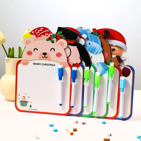 Christmas Cartoon Erasable Cardboard Whiteboard With Marker Pen And Lanyard Santa Snowman Holiday Message Board