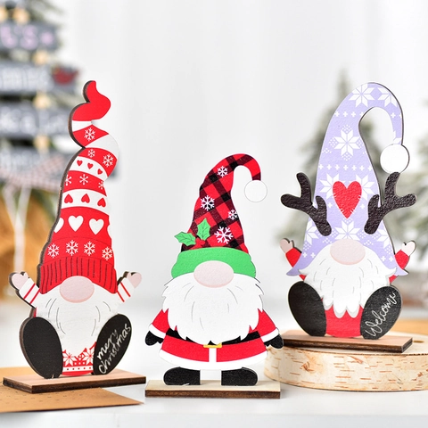 Ornements Gnome Noël Bois Motif Carreaux Coloré Flocon Neige Cœur Décor Table Fête Maison Dessin Animé Mignon
