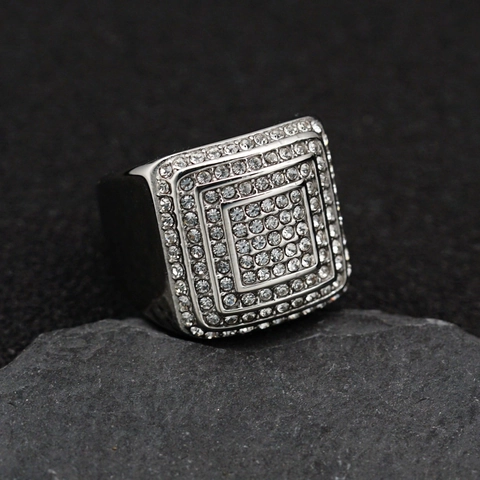 Luxury Men Hip Hop Ring 316 Stainless Steel Gold Plated Full Cubic Zirconia Multi Layer Square Geometric Punk Jewelry