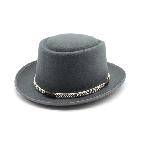 Vintage Wool Felt Pork Pie Hat Retro Flat Top British Style Fedora With Braided Band For Men Women Autumn Winter