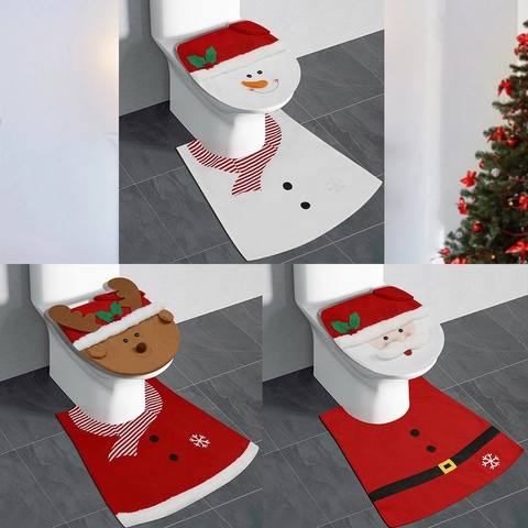Coprisedile Per WC Di Natale E Tappeto Decorazione Bagno Babbo Natale Pupazzo Di Neve Renna Poliestere Peluche Festivo