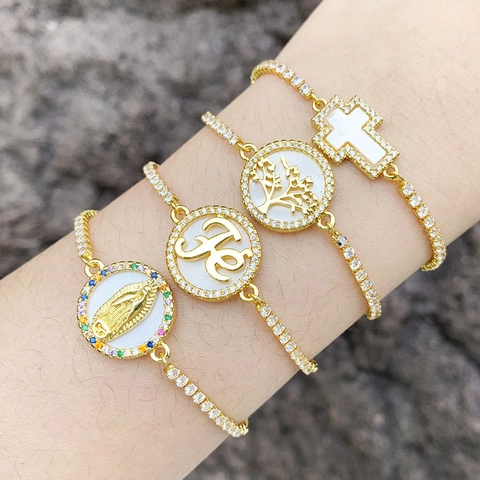 Religious Charm Bracelet Gold Plated Copper With Zircon Virgin Mary Cross Tree Of Life Adjustable Bolo Link For Women