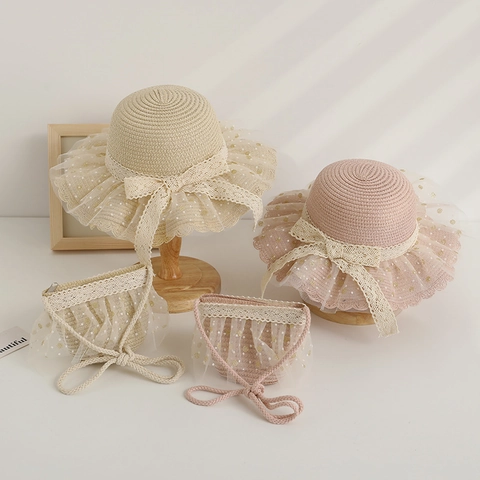 Girls Cute Paper Straw Hat And Bag For Sun Protection Wide Brim Lace Bow Tulle Polka Dot Shading Hat For Summer Outdoor Vacation