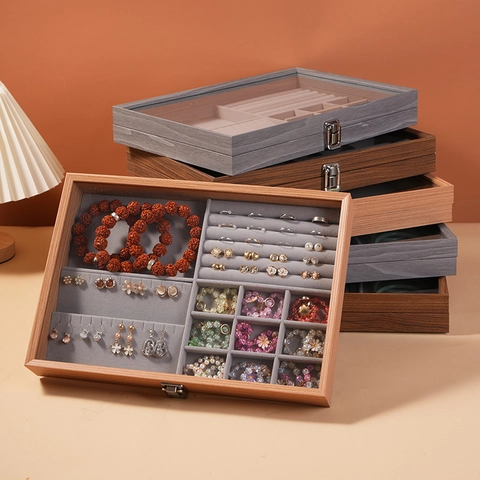 Wooden Jewelry Storage Box With Transparent Glass Lid Velvet Lining Dustproof Multi Grid Desktop Organizer For Earrings Necklaces