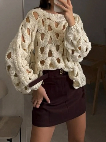 Häkelstrickpullover Mit Lochmuster Langarm Rundhals Bohemian Strand Urlaub Lockerer Strickpullover Für Damen