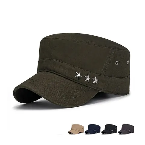 Military Style Cadet Cap Cotton Twill Metal Star Decoration Adjustable Breathable Outdoor Sun Hat For Men