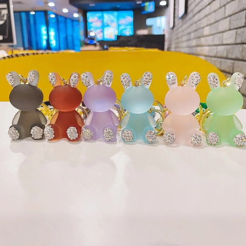 Cute Frosted Resin Rabbit Keychain With Rhinestone Inlay Golden Bell Woven Rope Bag Pendant Car Keyring For Women Gift