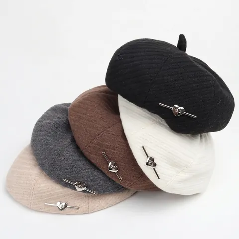 Basco Da Donna Motivo Spina Di Pesce Fibbia In Metallo Cuore Autunno Inverno Moda Versatile Cappello Da Pittore