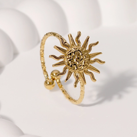 Sunburst Open Adjustable Ring Stainless Steel 18K Gold Plated Hammered Texture Minimalist Fashion Jewelry Women