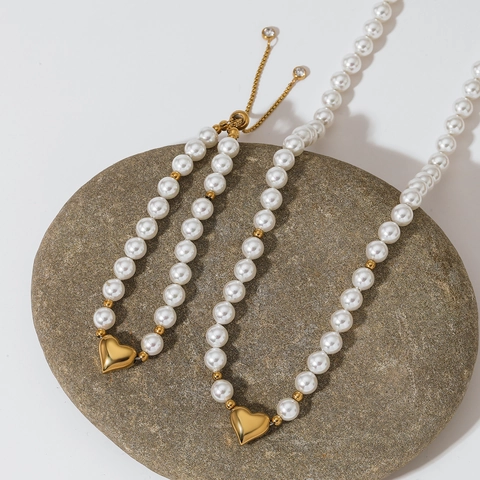 Collana E Bracciale In Künstliche Perle Di Acciaio Inossidabile Per Donne Ciondolo A Cuore Regolabile Elegante Accessorio Per Gioielli
