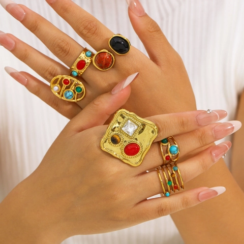 Vintage Bohemian Ring 18K Gold Plated Stainless Steel Inlaid Colorful Natural Stone Irregular Design Jewelry For Women