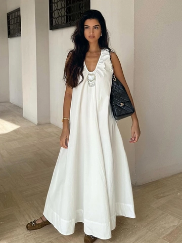 Abito Maxi Senza Maniche In Puro Cotone Scollo A U Arricciato Linea A Ampio Casual Estate Resort Lungo Tinta Unita Donna