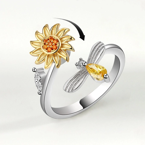 Fashion Copper Sunflower Bee Spinning Ring For Women Adjustable Rhinestone Anxiety Relief Ring Rotatable Jewelry Gift