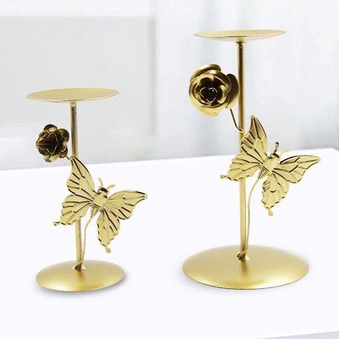 Gold Metal Candle Holder Decorative Butterfly Rose Flower Tabletop Centerpiece Wedding Home Decor Candlestick