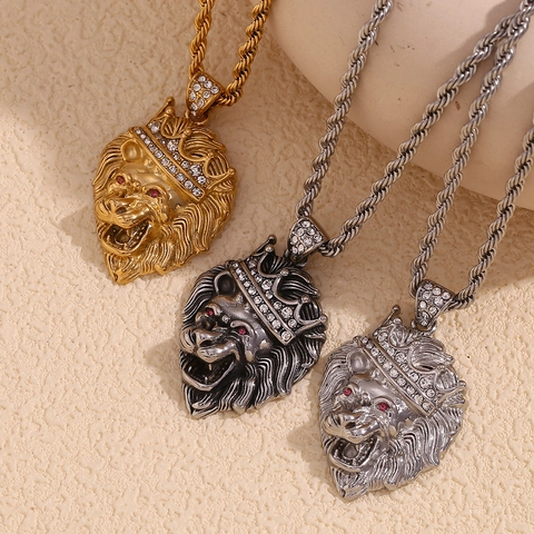 Hip Hop Lion Head Pendant Necklace Stainless Steel Gold Plated Crown With Rhinestones Red Eyes Twisted Rope Chain Men