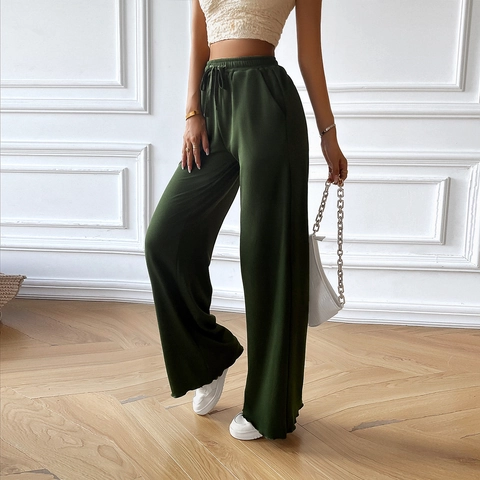 Women Wide Leg Pants Elastic High Waist Drawstring Trousers Casual Solid Color Loose Loungewear With Pockets