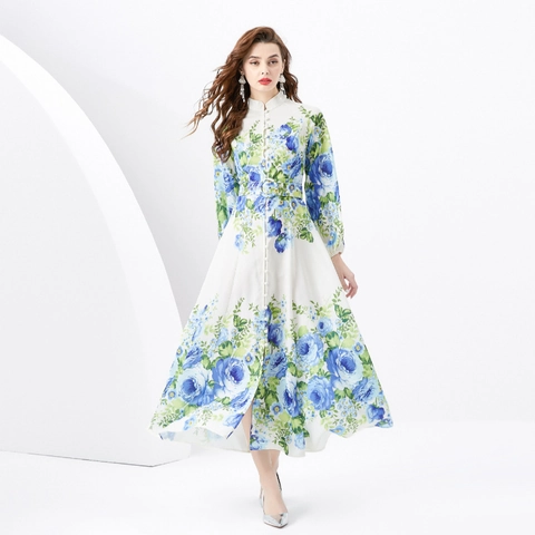 Vestito Maxi In Chiffon A Fiori Maniche Lunghe Collo Alto Monopetto Con Cintura Elegante Retro Stile Vacanza