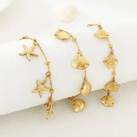 Stainless Steel Gold Plated Ocean Bracelet Shell Starfish Fish Pendant Adjustable Vacation Style Jewelry For Women