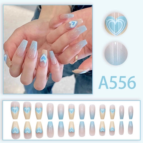 Uñas Postizas A Presión Forma Ataúd Largo Degradado Azul Patrón Corazón Brillante Para Mujeres Estudiantes