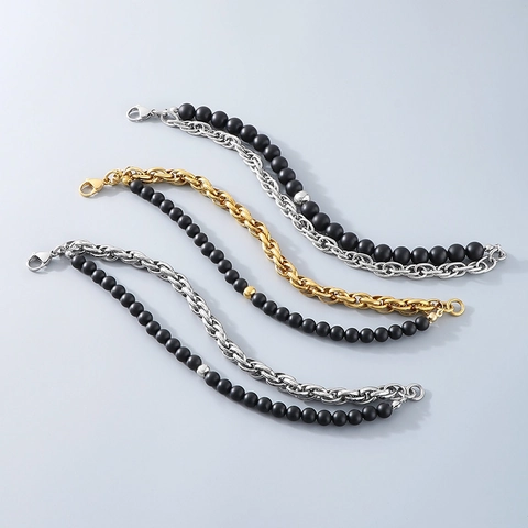 Double Layer Bracelet Stainless Steel Matte Black Beads Punk Retro Style Fashion Jewelry For Men Women