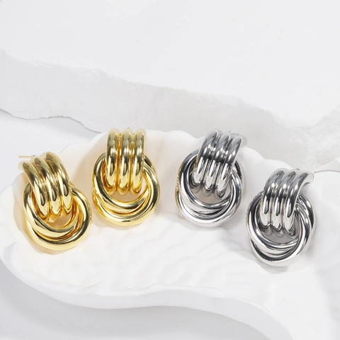 Retro Geometric Interlocking Circles Hoop Stud Earrings Pure Copper Multi-Ring Textured Ribbed Knot Fashion Jewelry For Women