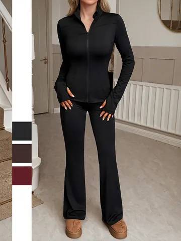 Women Polyester Spandex Long Sleeve Zipper Jacket And Flare Pants Sports Yoga Suit Stand Collar Slim Fit Athletic Outfit