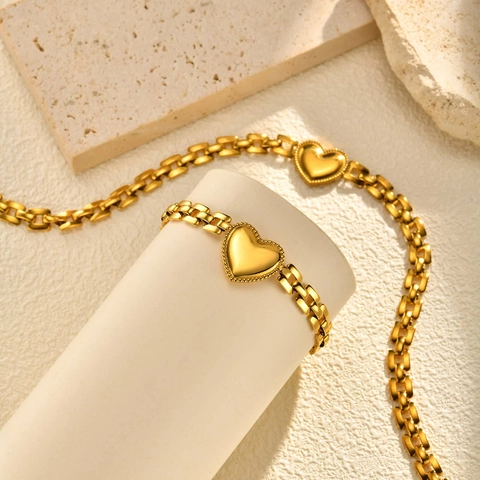 Heart Pendant Necklace Bracelet Jewelry Gold Plated Stainless Steel Watch Band Link Chain Trendy Chic Style For Women