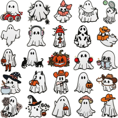 Halloween Cartoon Ghost Embroidery Patches Iron On Applique Polyester Fabric Cute Spooky Pumpkin DIY Clothing Decor