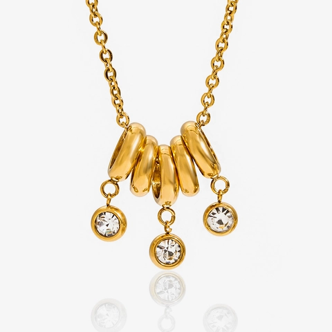 Double Layer Necklace 18K Gold Plated Stainless Steel Interlocked Circles Zircon Pendant Waterproof Hypoallergenic Jewelry For Women