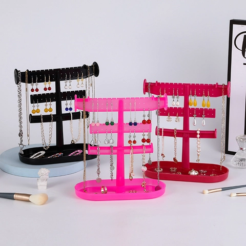 Jewelry Display Stand Earring Organizer Necklace Bracelet Holder Plastic Hanging Rack With Storage Tray