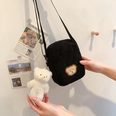 Cute Bear Embroidery Corduroy Crossbody Bag For Women Girls Mini Mobile Phone Purse Kawaii Zipper Shoulder Handbag