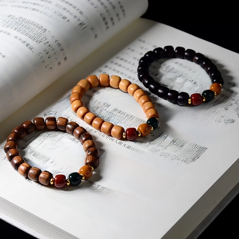 Zen Wooden Beaded Bracelet With Colorful Resin Accents And Metal Spacers Ethnic Vintage Style For Men Women