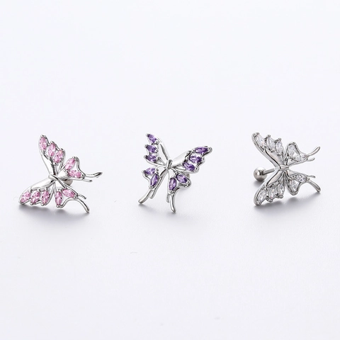 Butterfly Cartilage Earring Studs Zircon Inlaid Stainless Steel Screw Back Helix Piercing For Women Elegant Jewelry