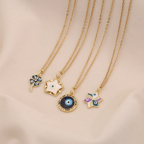 Evil Eye Hamsa Hand Anhänger Halskette Gold Vergoldet Edelstahl Kupfer Emaille Zirkonia Glück Schmuck Für Damen