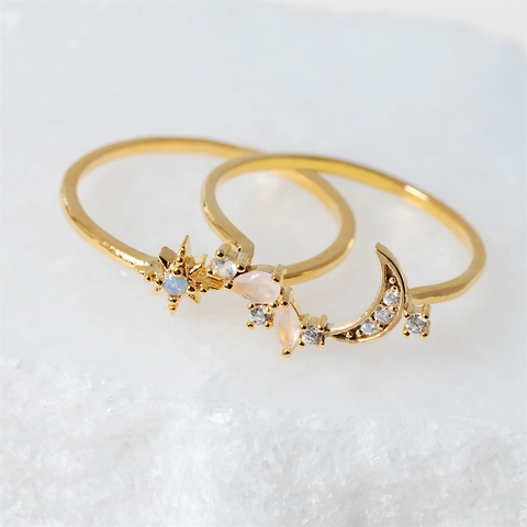 Star And Moon Rings Brass Micro Pave Zirconia Opal Inlaid Elegant Fashion Bohemian Jewelry For Women