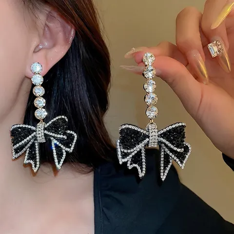 Zwarte Strik Hangende Oorbellen Legering Met 925 Sterling Zilveren Oorsteker Rhinestone Zirkoon Pailletten Elegant