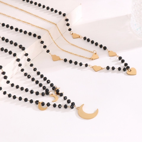 Collana In Acciaio Inossidabile Da Donna Perline Di Cristallo Nero Croce Luna Cuore Pendente Gioielli Di Moda
