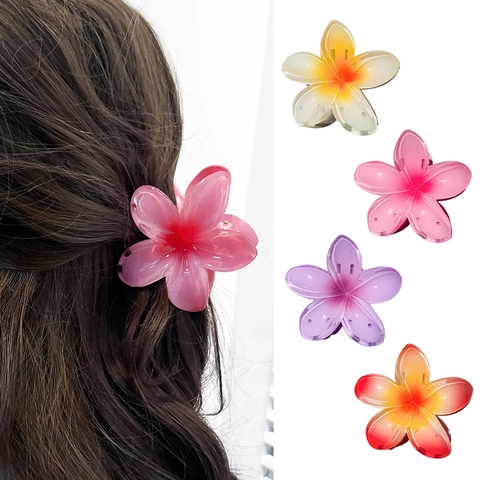 Plumeria Flower Hair Claw Clip Plastic Acrylic Resin Sweet Gradient Floral Shark Clips For Women Girls Styling Accessories
