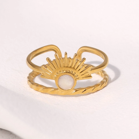 Anello Aperto Sunburst Acciaio Inossidabile Placcato Oro 18K Regolabile Gioielli Bohemian Vintage Per Donna Motivo Sole Retro