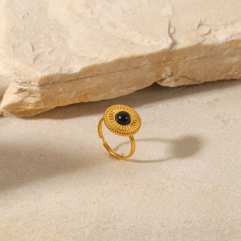 Anello In Acciaio Inossidabile Con Pietra Rotonda Nera Disco Solare Vintage Gioielli Aperti Regolabili Per Donne