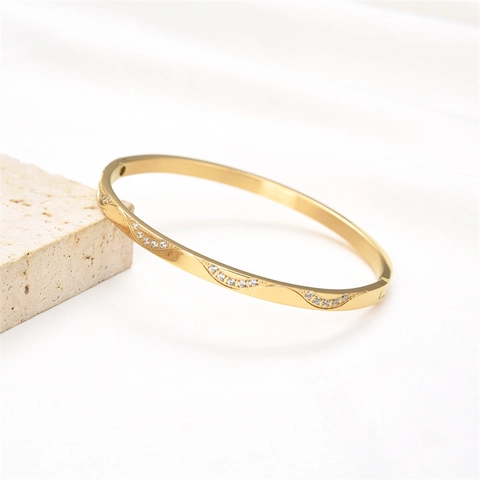 Brazalete De Ola De Acero Inoxidable Con Strass Bisagra Manguito Para Mujeres Joyería Geométrica Pulida